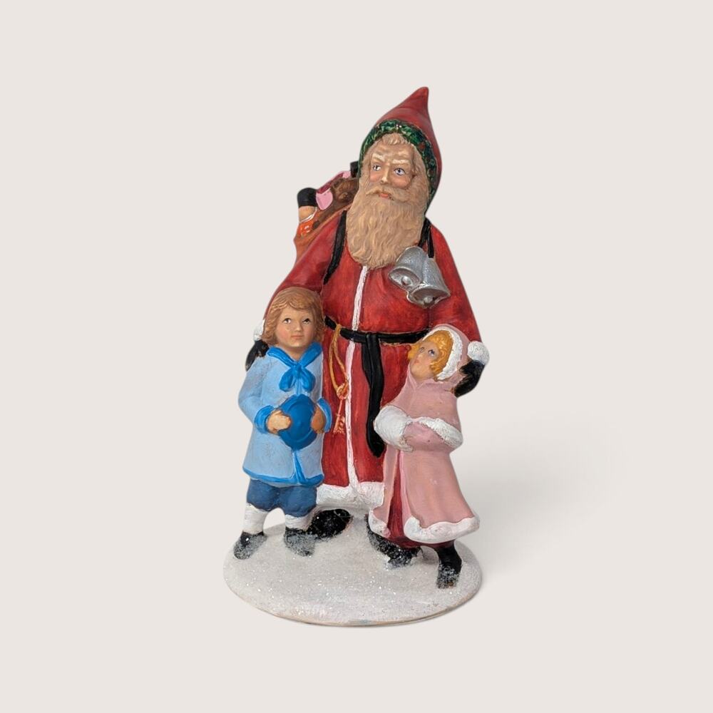Vintage 1980s Ceramic Santa and Children Figurine | Old World Santa Statue
